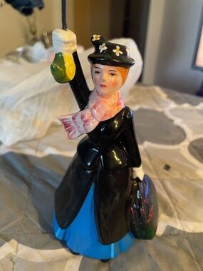 Vintage-Inspired Mary Poppins Style Ceramic Figurine - Black & Blue